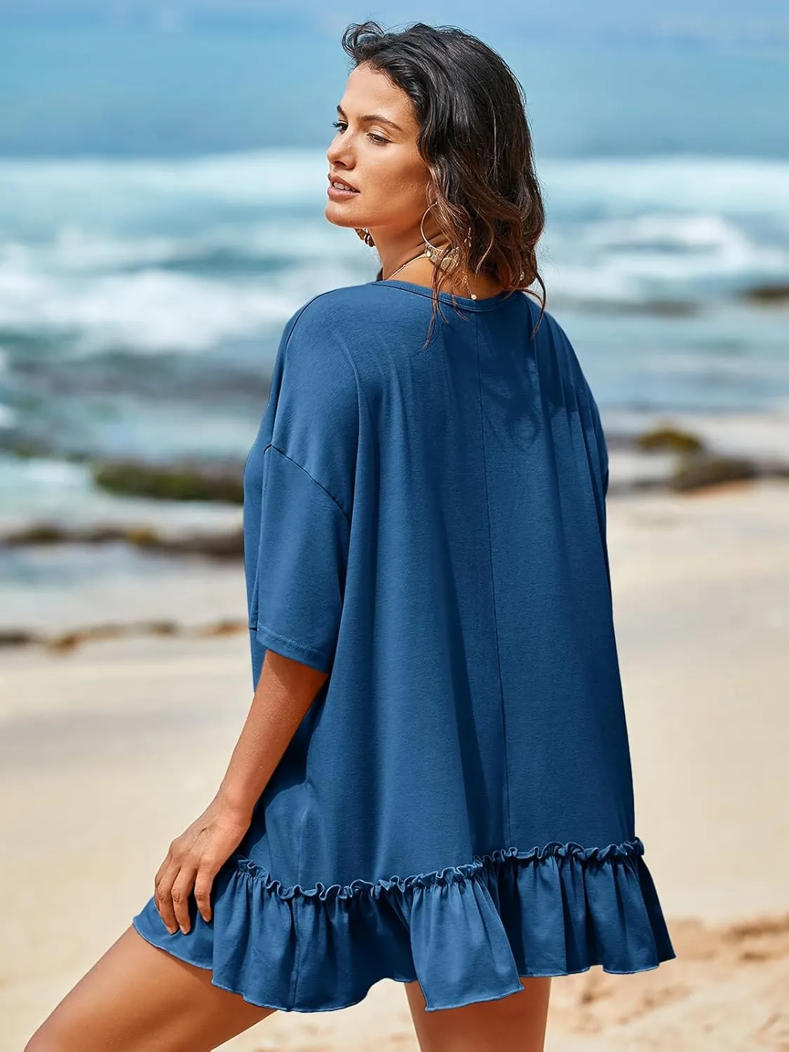 Tankaneo Womens Peplum Oversized Tshirt Summer Casual Pleated Shirt Dress Crew Neck Flowy Beach Tunic Tops
