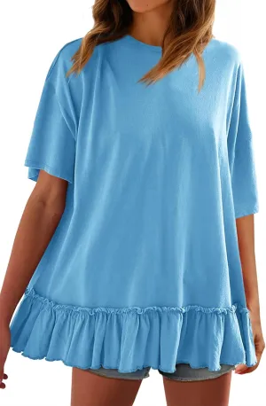 Tankaneo Womens Peplum Oversized Tshirt Summer Casual Pleated Shirt Dress Crew Neck Flowy Beach Tunic Tops