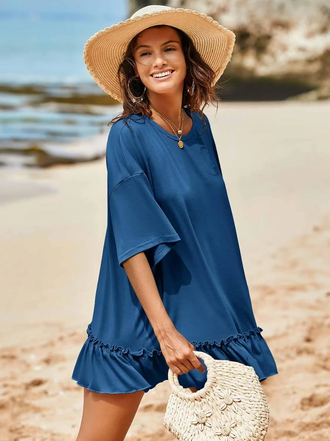 Tankaneo Womens Peplum Oversized Tshirt Summer Casual Pleated Shirt Dress Crew Neck Flowy Beach Tunic Tops