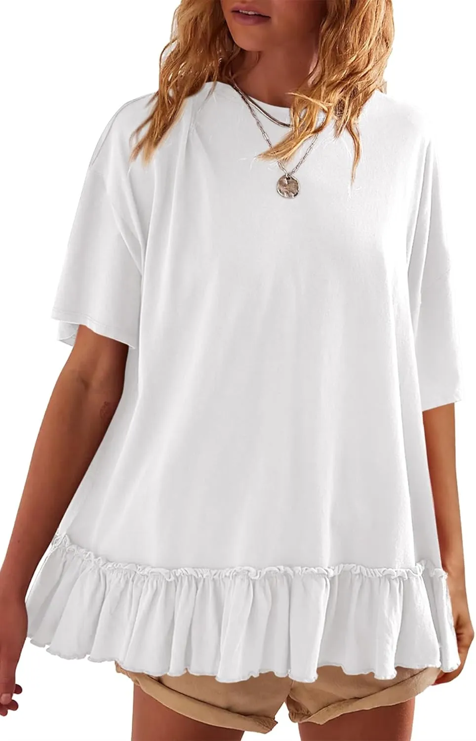Tankaneo Womens Peplum Oversized Tshirt Summer Casual Pleated Shirt Dress Crew Neck Flowy Beach Tunic Tops