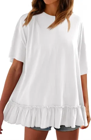 Tankaneo Womens Peplum Oversized Tshirt Summer Casual Pleated Shirt Dress Crew Neck Flowy Beach Tunic Tops