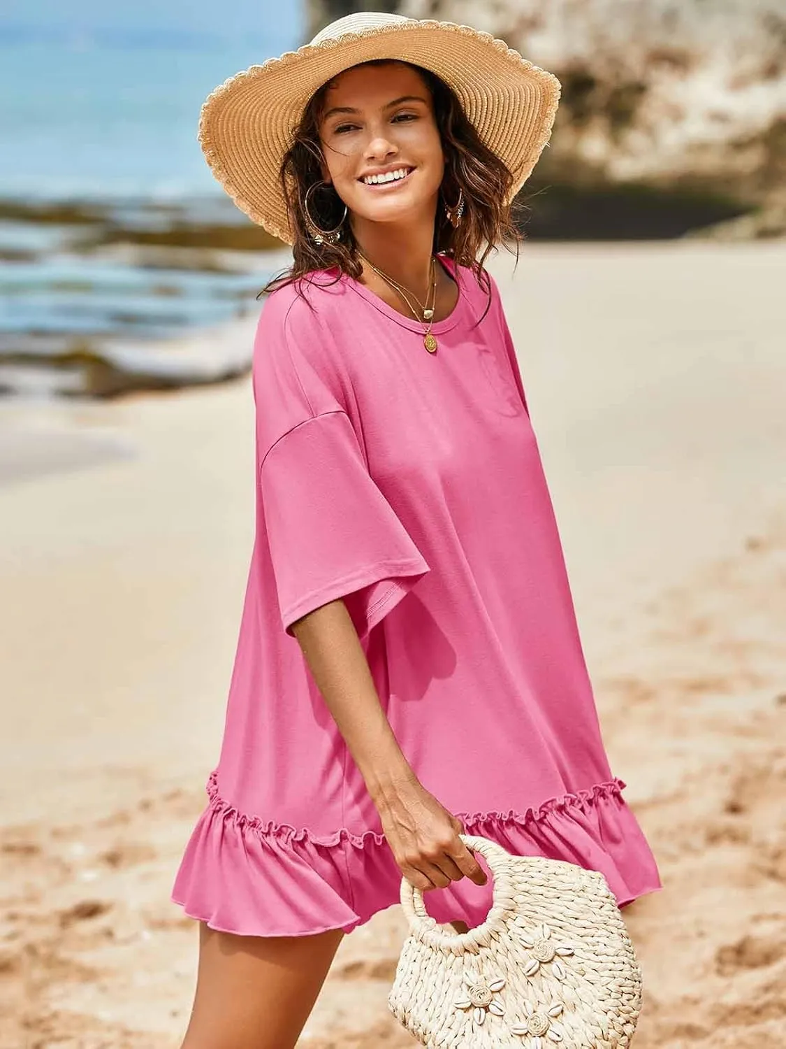 Tankaneo Womens Peplum Oversized Tshirt Summer Casual Pleated Shirt Dress Crew Neck Flowy Beach Tunic Tops