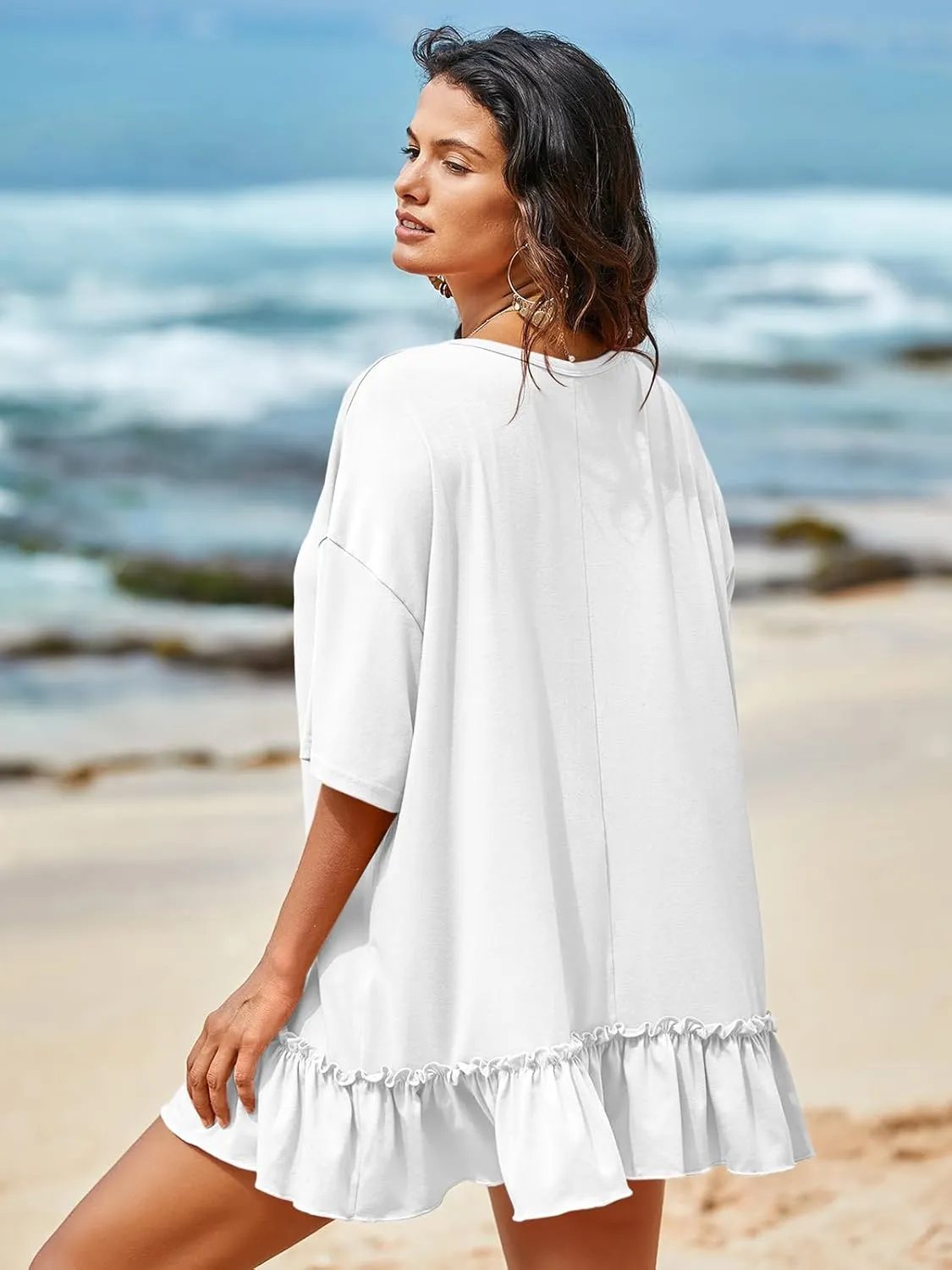 Tankaneo Womens Peplum Oversized Tshirt Summer Casual Pleated Shirt Dress Crew Neck Flowy Beach Tunic Tops