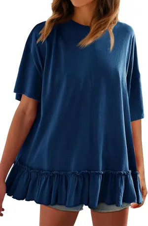 Tankaneo Womens Peplum Oversized Tshirt Summer Casual Pleated Shirt Dress Crew Neck Flowy Beach Tunic Tops