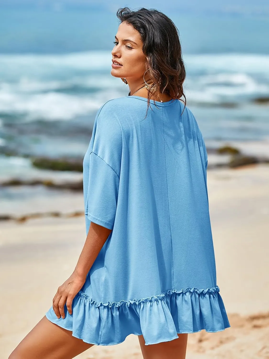 Tankaneo Womens Peplum Oversized Tshirt Summer Casual Pleated Shirt Dress Crew Neck Flowy Beach Tunic Tops