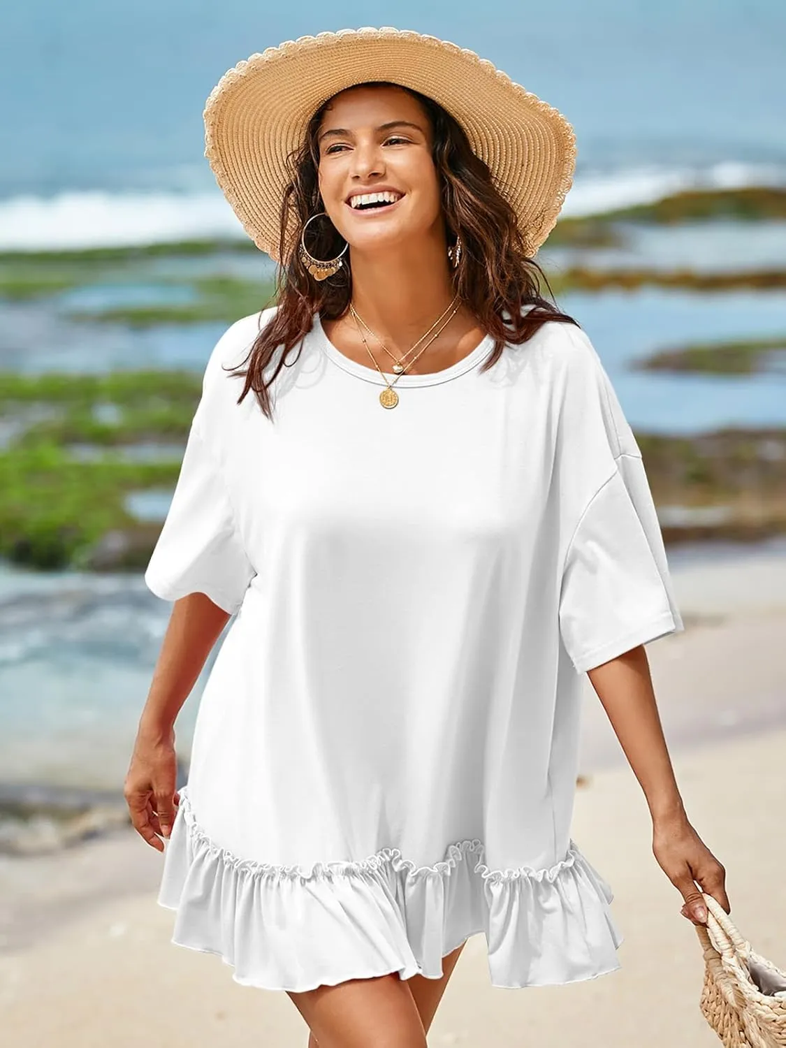 Tankaneo Womens Peplum Oversized Tshirt Summer Casual Pleated Shirt Dress Crew Neck Flowy Beach Tunic Tops