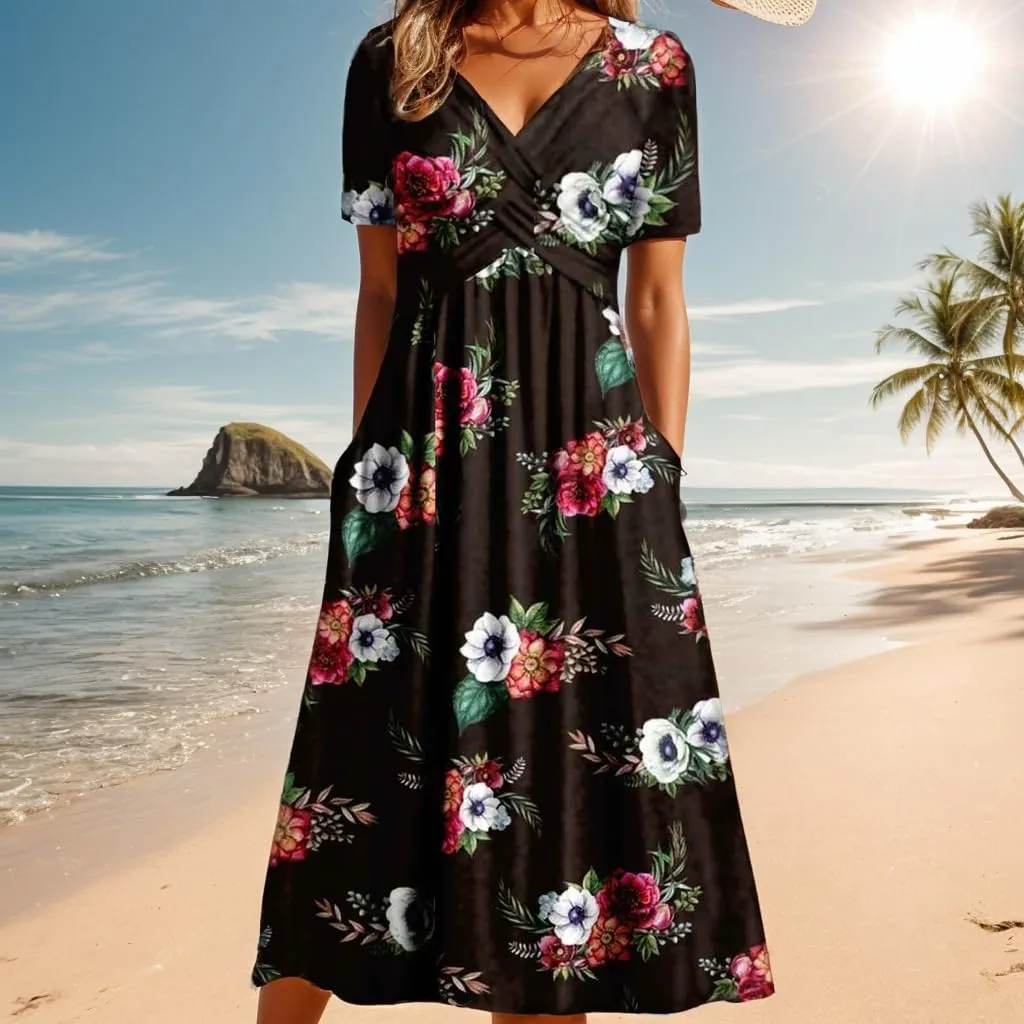 TIAFORD Women's Boho Floal Print Casual Short Sleeve Dress Twist Front Wrap V Neck Pleated A-line Midi Dress with Pockets