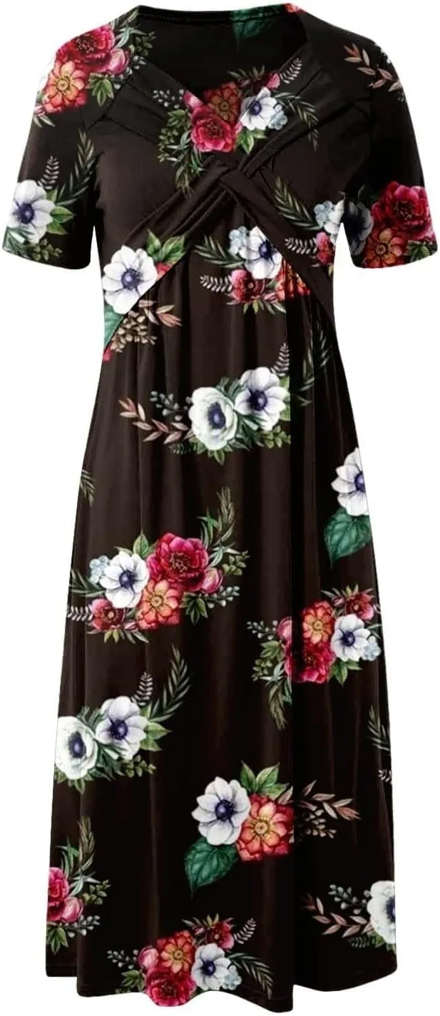 TIAFORD Women's Boho Floal Print Casual Short Sleeve Dress Twist Front Wrap V Neck Pleated A-line Midi Dress with Pockets