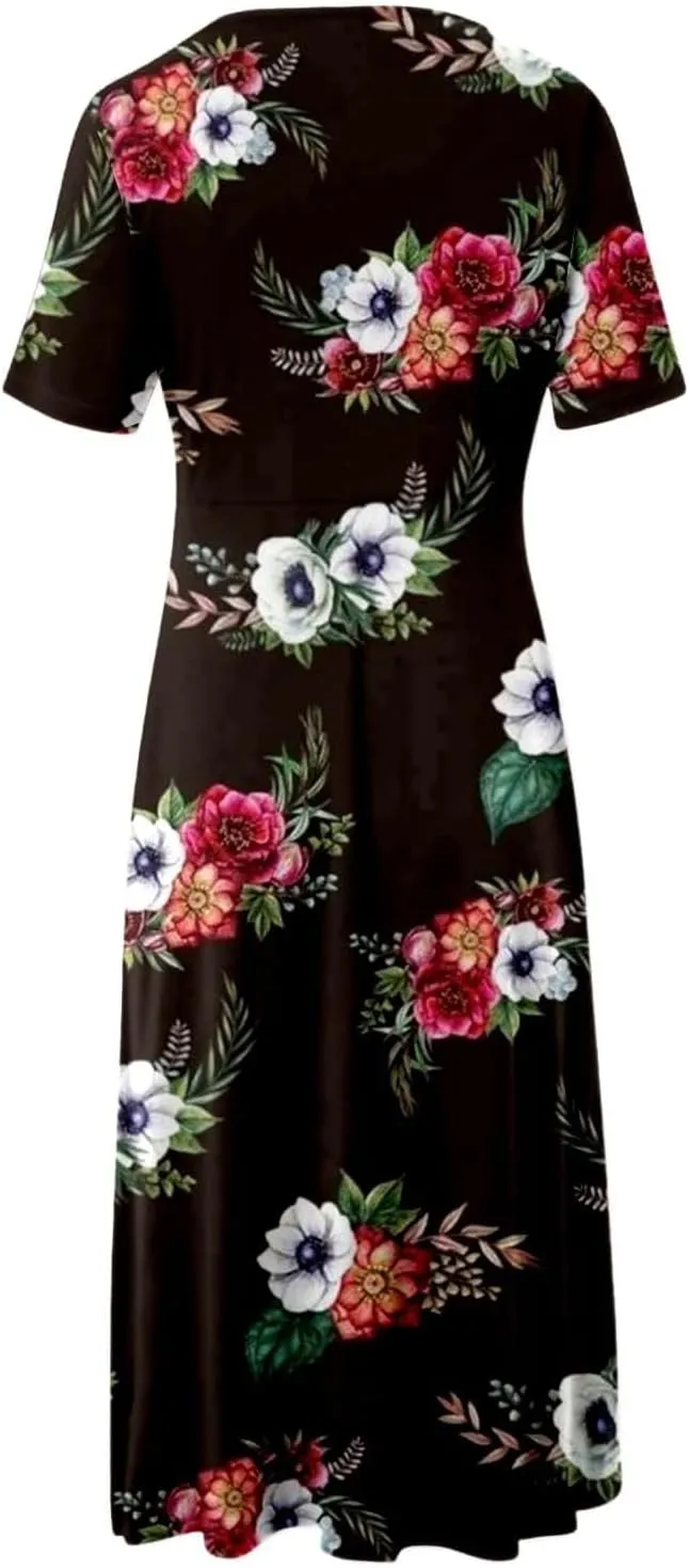 TIAFORD Women's Boho Floal Print Casual Short Sleeve Dress Twist Front Wrap V Neck Pleated A-line Midi Dress with Pockets