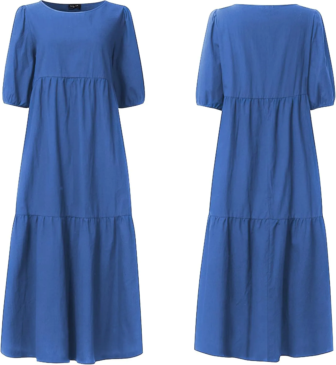 TIAFORD Women's Linen Puff Short Sleeve Crewneck Tiered Maxi Dress Summer Casual Flowy Vacation Plus Size Dress