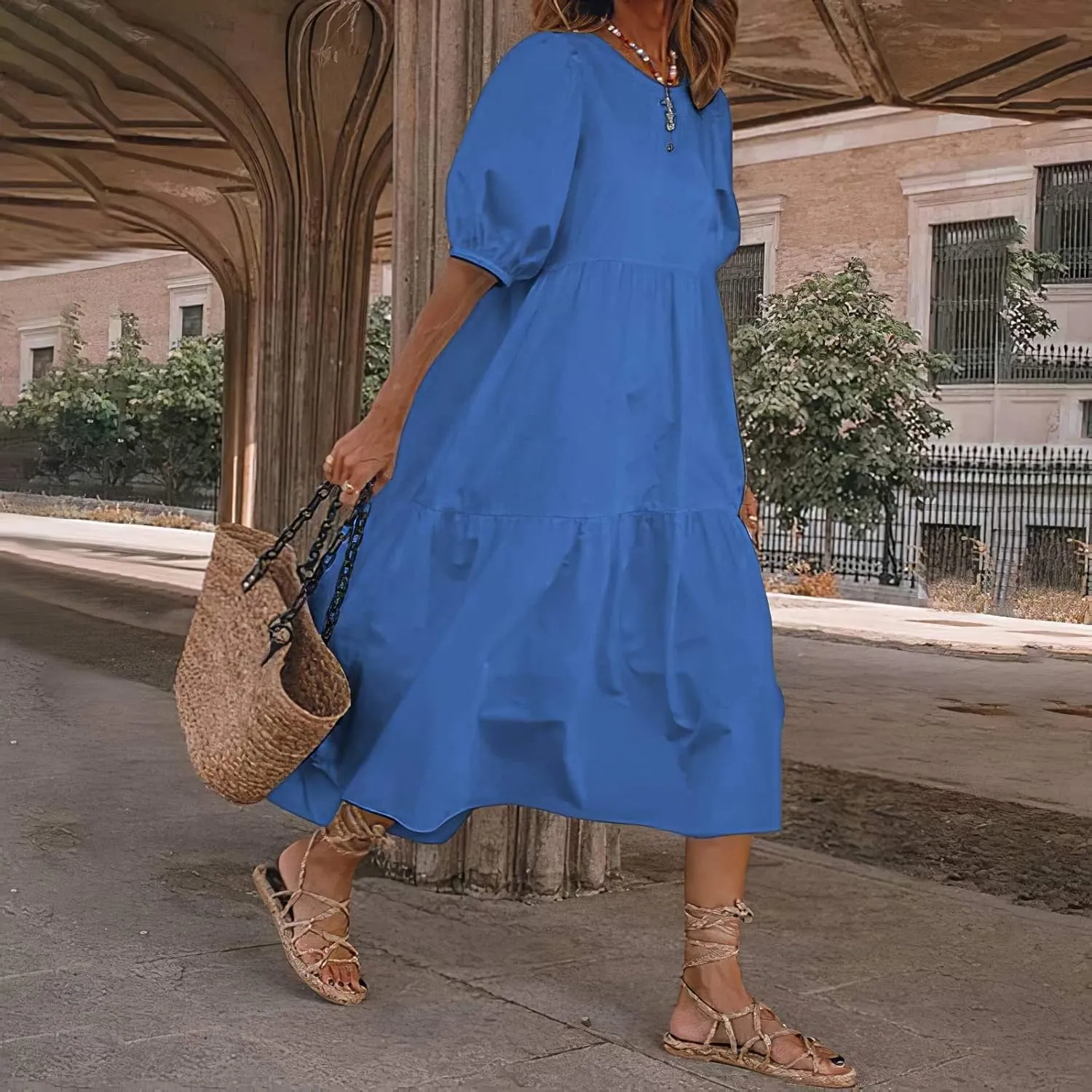 TIAFORD Women's Linen Puff Short Sleeve Crewneck Tiered Maxi Dress Summer Casual Flowy Vacation Plus Size Dress