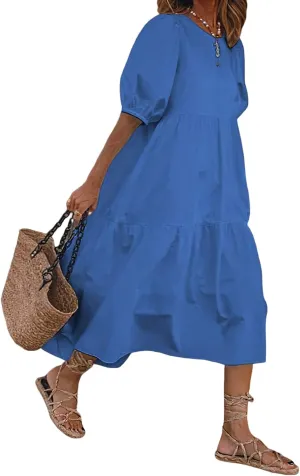 TIAFORD Women's Linen Puff Short Sleeve Crewneck Tiered Maxi Dress Summer Casual Flowy Vacation Plus Size Dress
