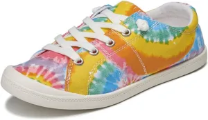 Tie Dye Canvas Stylish Comfortable Round Toe Loafers for Women Lightweight Slip On Flats for Casual Daily Walking Travel Work Plus Size Soft Sole Shoes