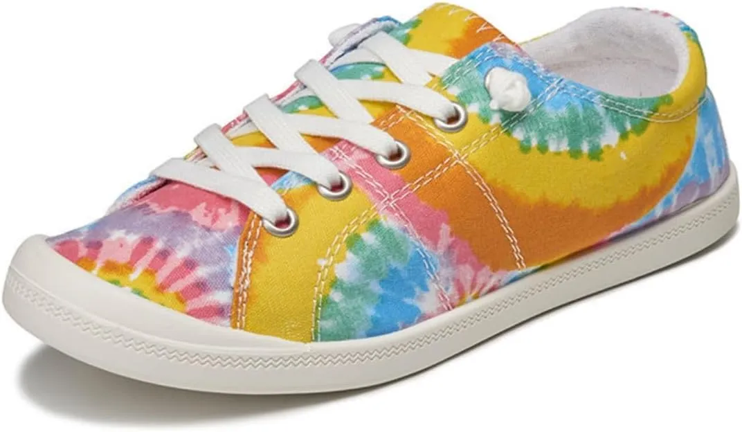 Tie Dye Canvas Stylish Comfortable Round Toe Loafers for Women Lightweight Slip On Flats for Casual Daily Walking Travel Work Plus Size Soft Sole Shoes