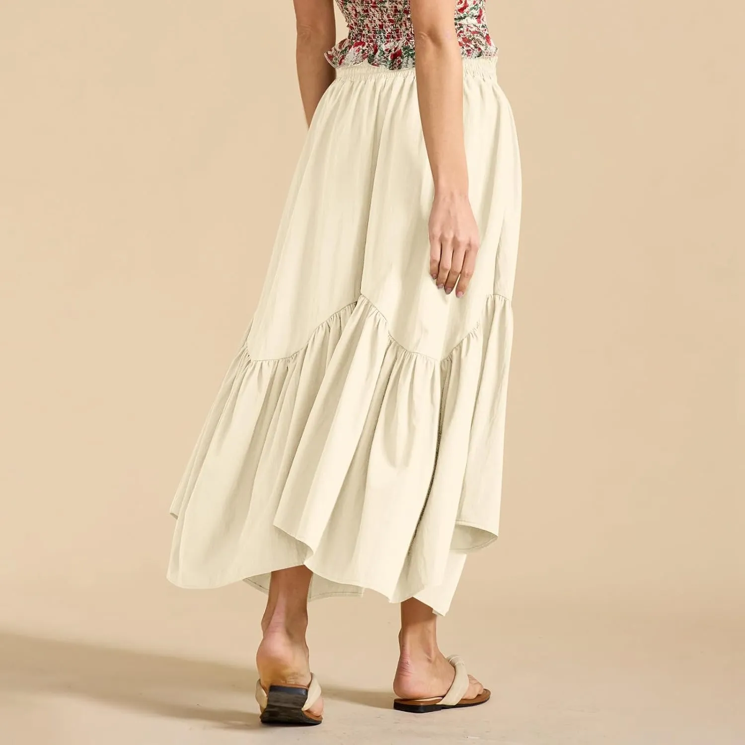 Tiered Maxi Skirts for Women Flowy Swing Elastic High Waisted Skirts Irregular Ruffle Hem Pleated Skirt with Pockets