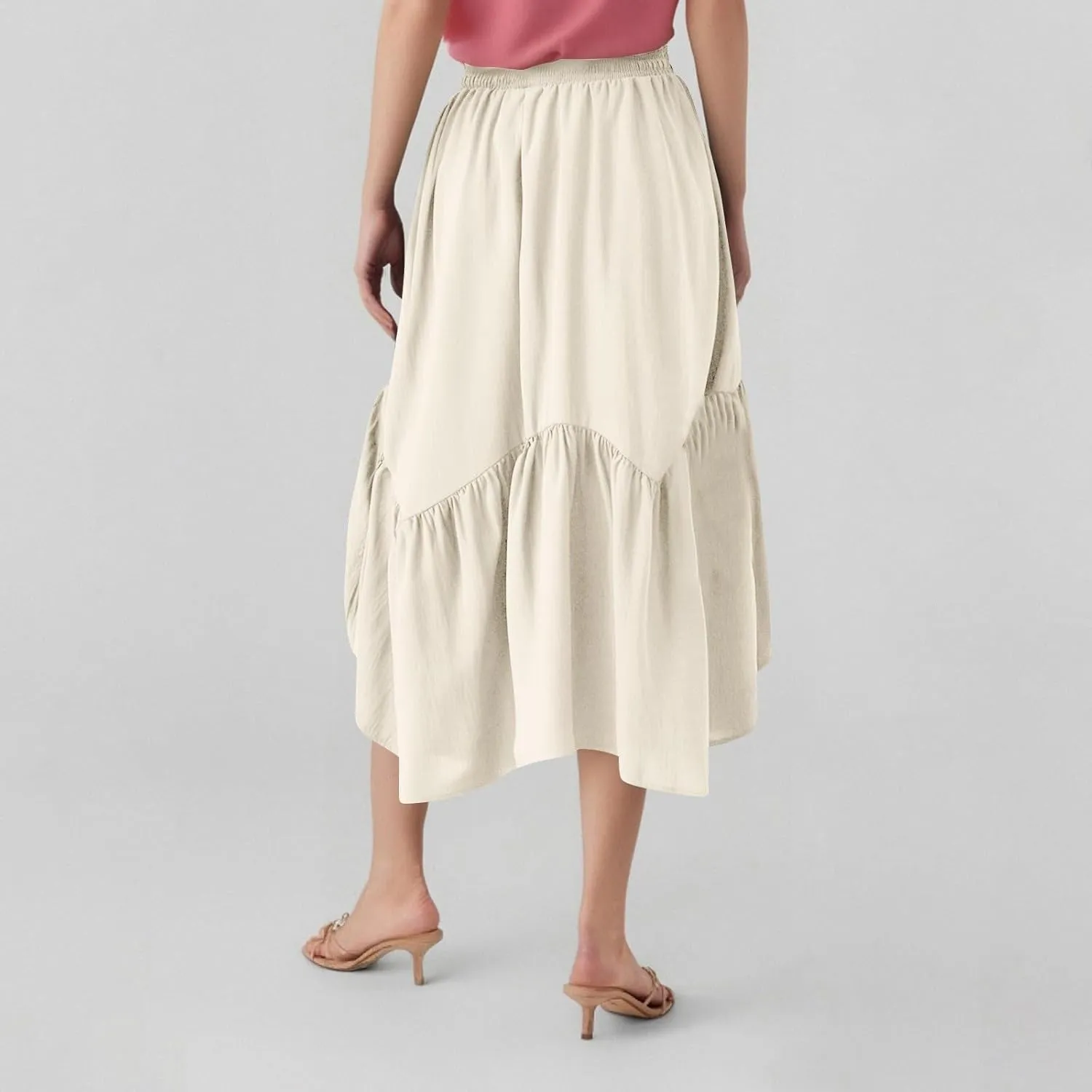 Tiered Maxi Skirts for Women Flowy Swing Elastic High Waisted Skirts Irregular Ruffle Hem Pleated Skirt with Pockets
