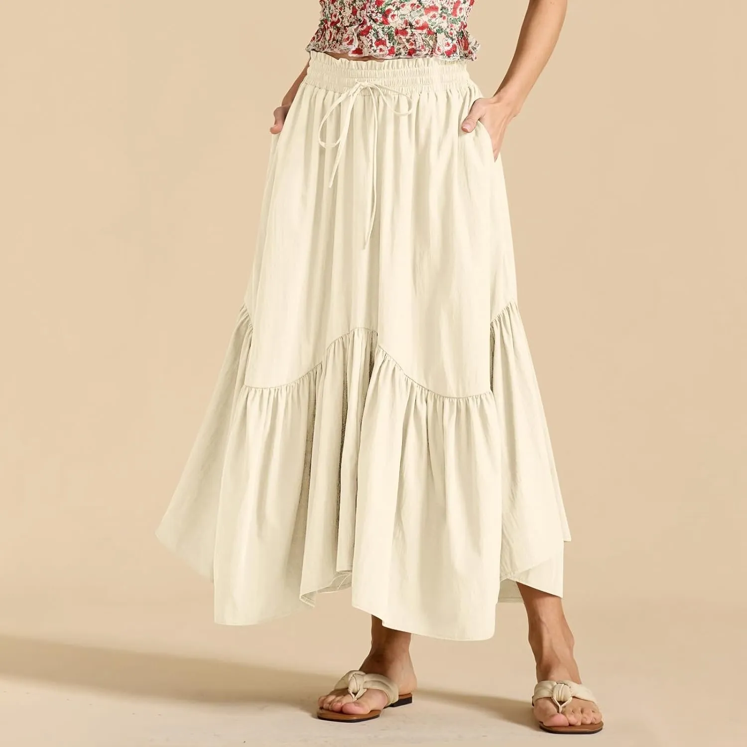 Tiered Maxi Skirts for Women Flowy Swing Elastic High Waisted Skirts Irregular Ruffle Hem Pleated Skirt with Pockets