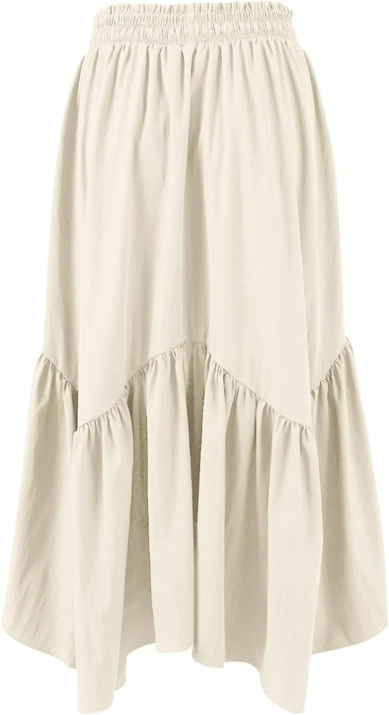 Tiered Maxi Skirts for Women Flowy Swing Elastic High Waisted Skirts Irregular Ruffle Hem Pleated Skirt with Pockets