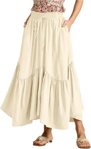 Tiered Maxi Skirts for Women Flowy Swing Elastic High Waisted Skirts Irregular Ruffle Hem Pleated Skirt with Pockets