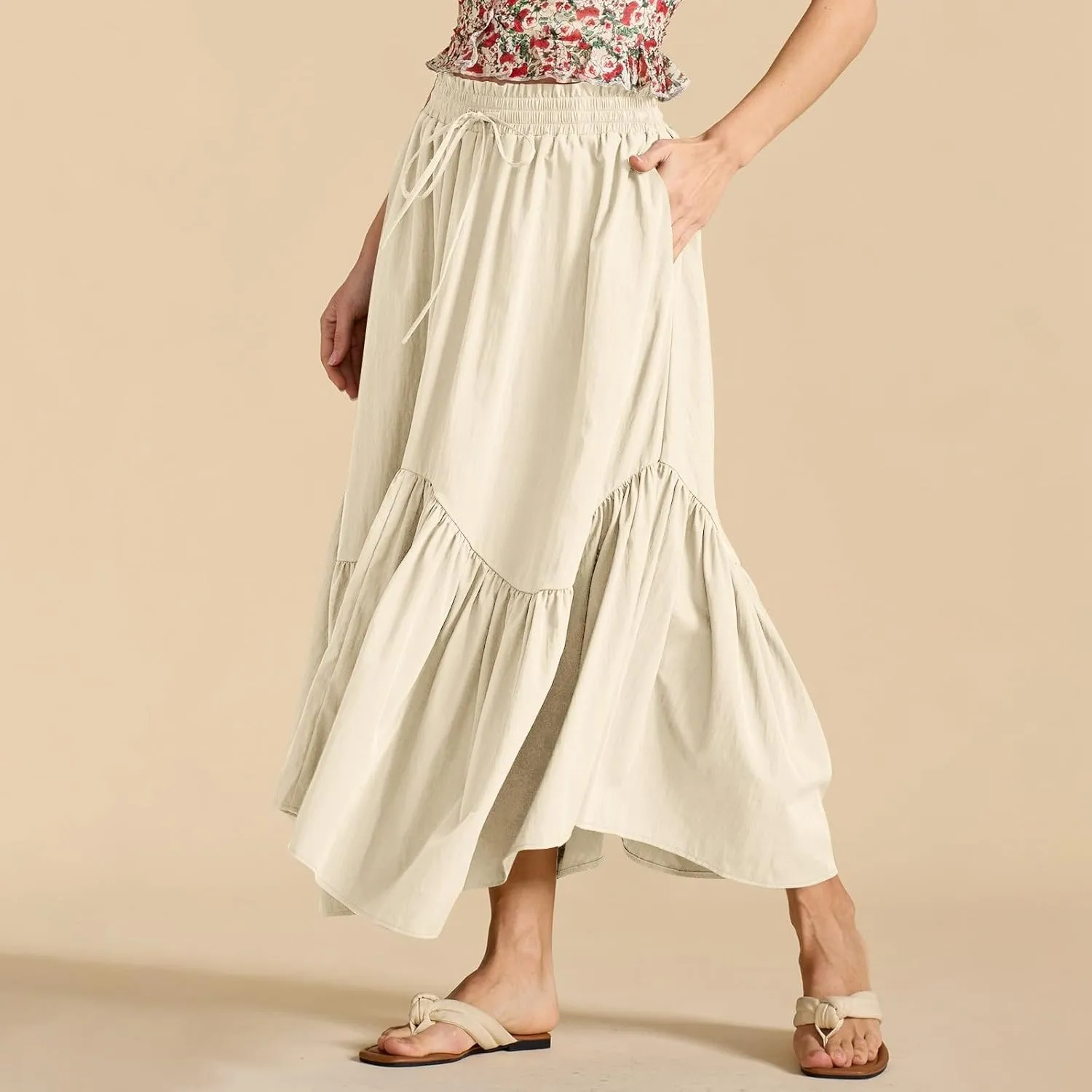 Tiered Maxi Skirts for Women Flowy Swing Elastic High Waisted Skirts Irregular Ruffle Hem Pleated Skirt with Pockets