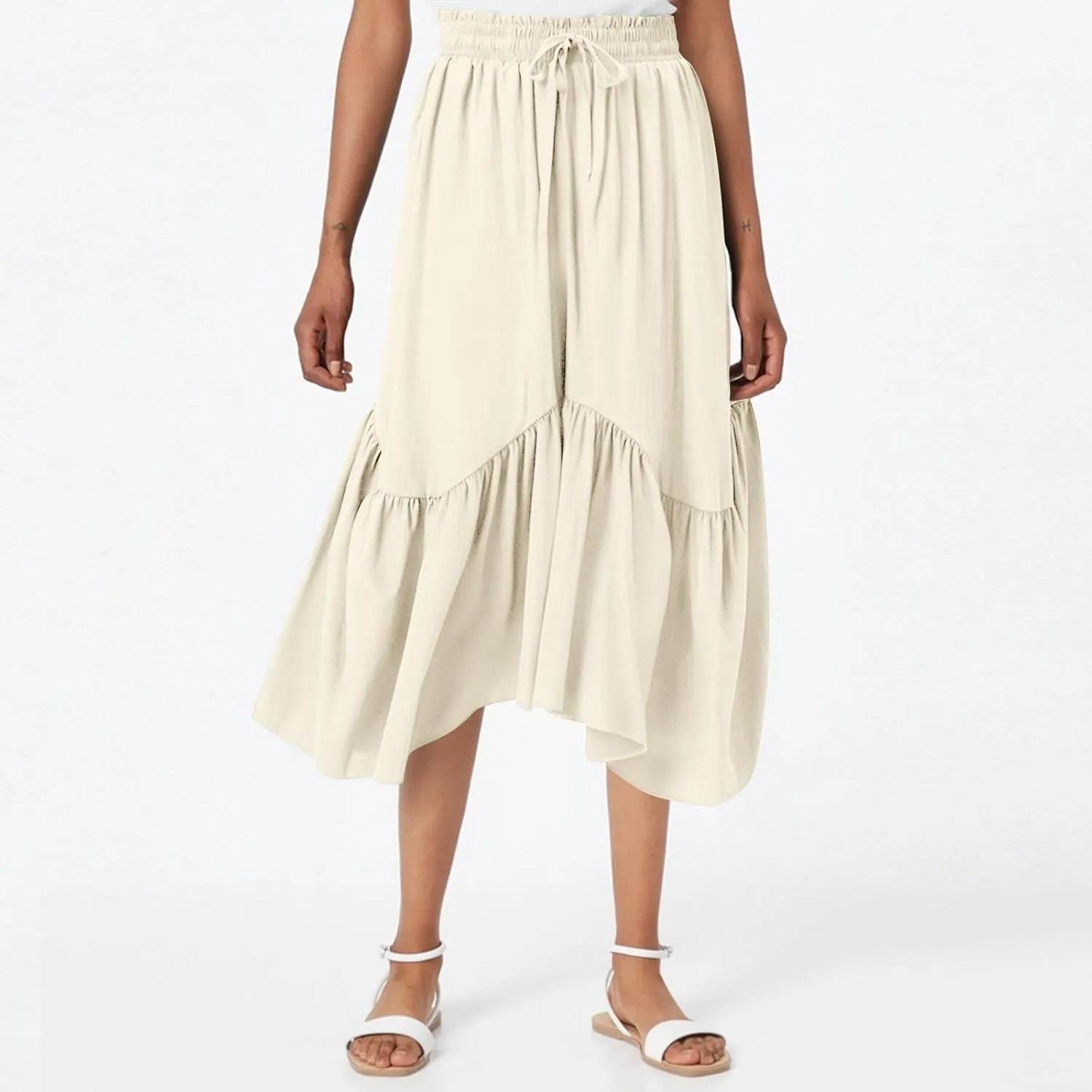Tiered Maxi Skirts for Women Flowy Swing Elastic High Waisted Skirts Irregular Ruffle Hem Pleated Skirt with Pockets