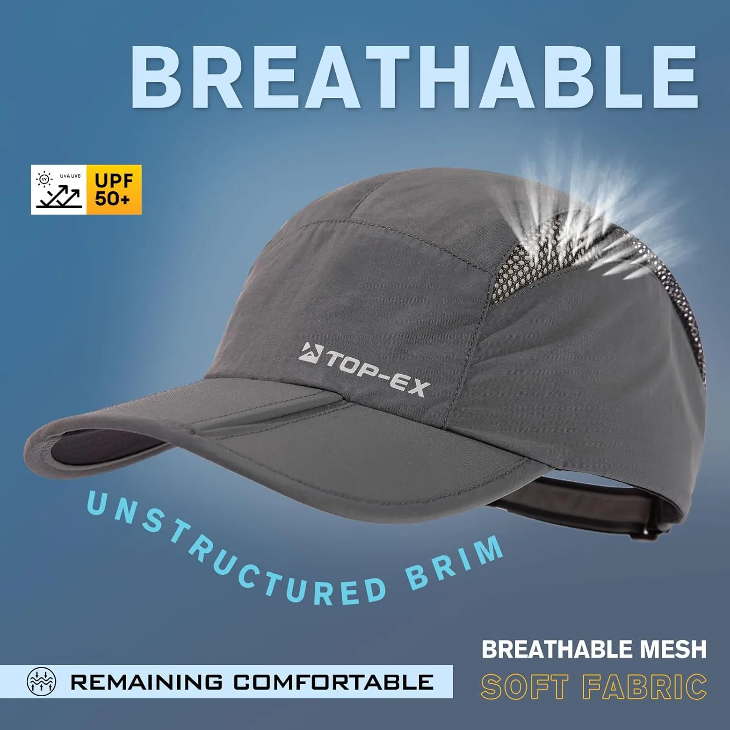 TOP-EX Oversized XL XXL Foldable Reflective Unstructured Design Running Breathable Cooling Quick Dry Baseball Caps