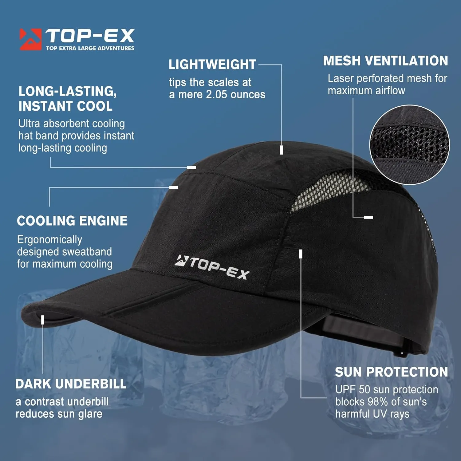 TOP-EX Oversized XL XXL Foldable Reflective Unstructured Design Running Breathable Cooling Quick Dry Baseball Caps