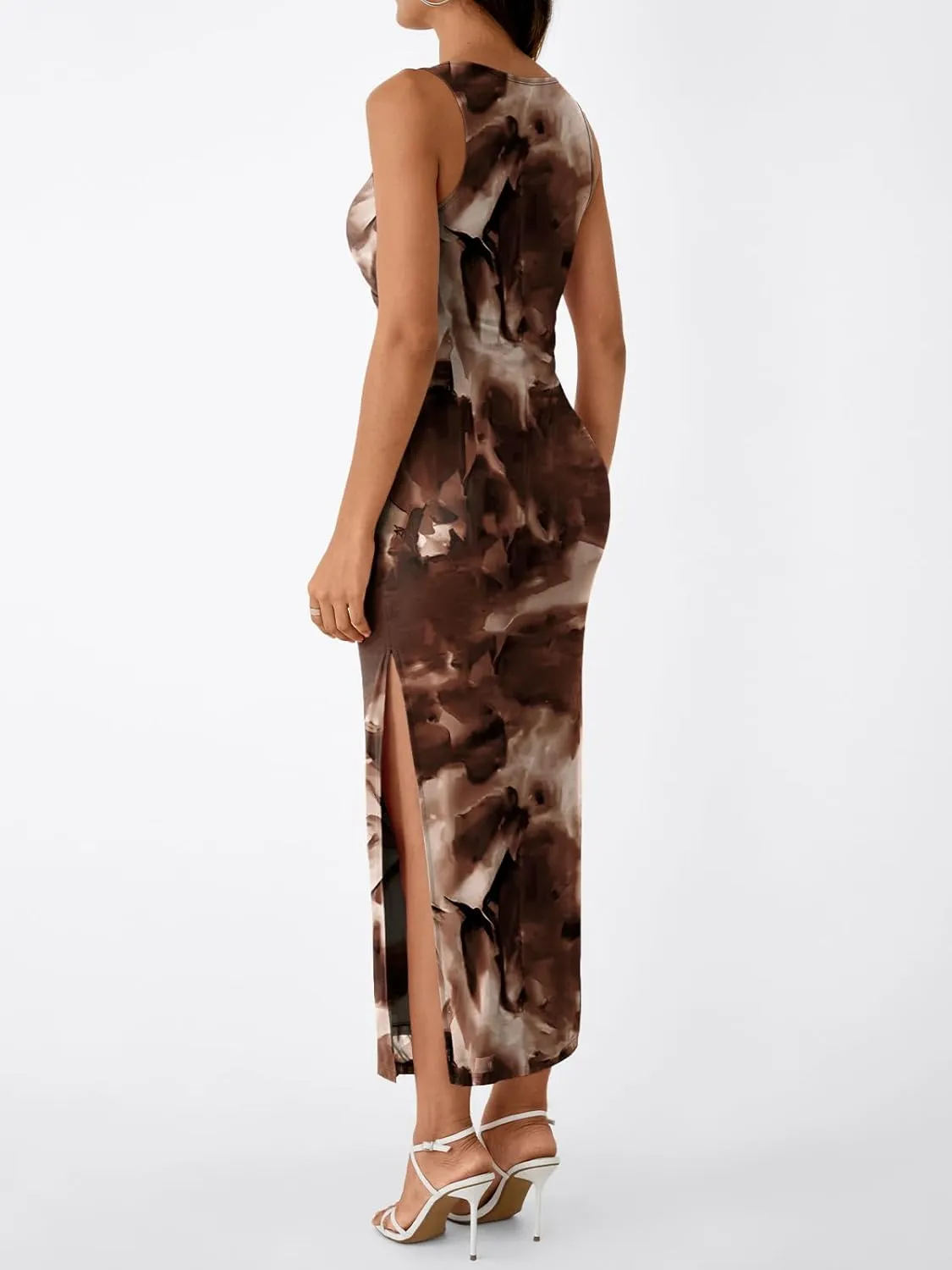 Trendy Queen Bodycon Maxi Dress Womens Sleeveless Floral Print Fitted Party Club Ruched Dresses with Side Slit