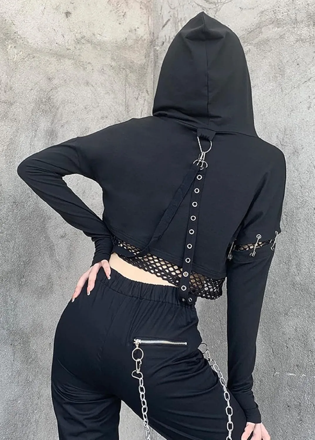 TSMNZMU Womens Gothic Crop Hoodie Punk Grunge Long Sleeve Sweatshirt Alt Mall Goth Tops Y2K Emo Mesh Shirt