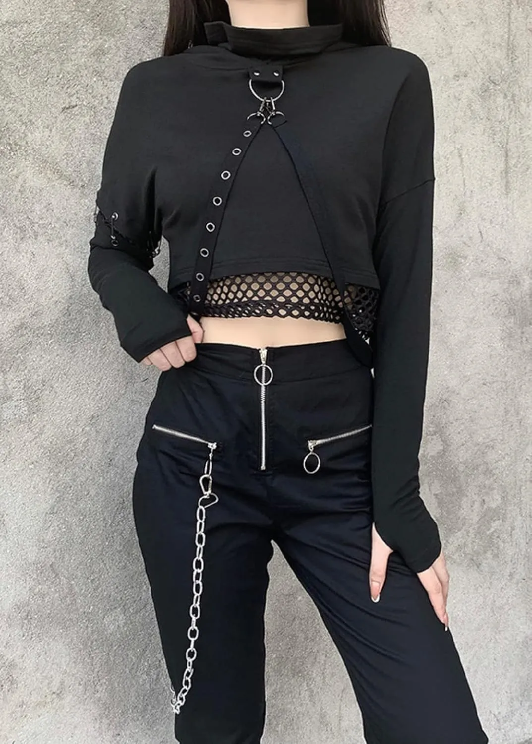 TSMNZMU Womens Gothic Crop Hoodie Punk Grunge Long Sleeve Sweatshirt Alt Mall Goth Tops Y2K Emo Mesh Shirt