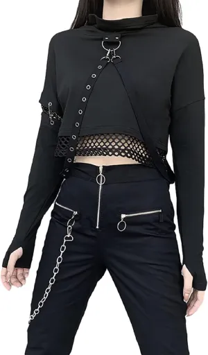 TSMNZMU Womens Gothic Crop Hoodie Punk Grunge Long Sleeve Sweatshirt Alt Mall Goth Tops Y2K Emo Mesh Shirt