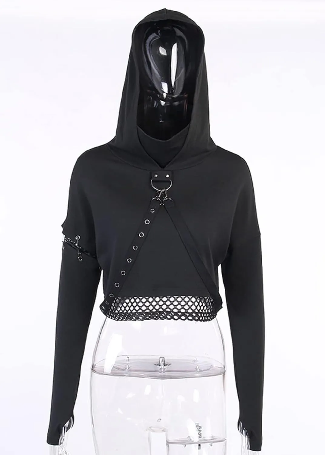 TSMNZMU Womens Gothic Crop Hoodie Punk Grunge Long Sleeve Sweatshirt Alt Mall Goth Tops Y2K Emo Mesh Shirt