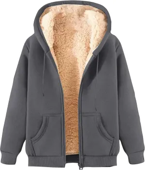 Uillui Women's Fleece Zip Up Hoodies Warm Cozy Sherpa Lined Jackets Fluffy Sweater Winter Faux Fur Hooded Coat with Pockets