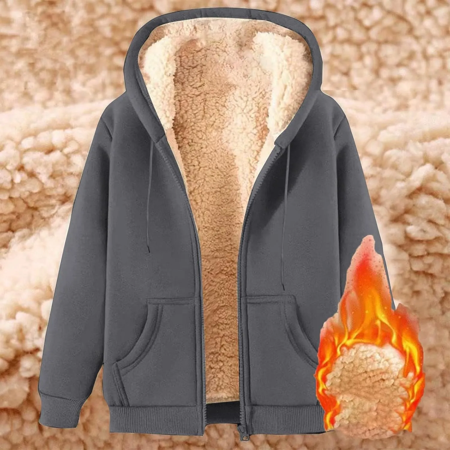 Uillui Women's Fleece Zip Up Hoodies Warm Cozy Sherpa Lined Jackets Fluffy Sweater Winter Faux Fur Hooded Coat with Pockets