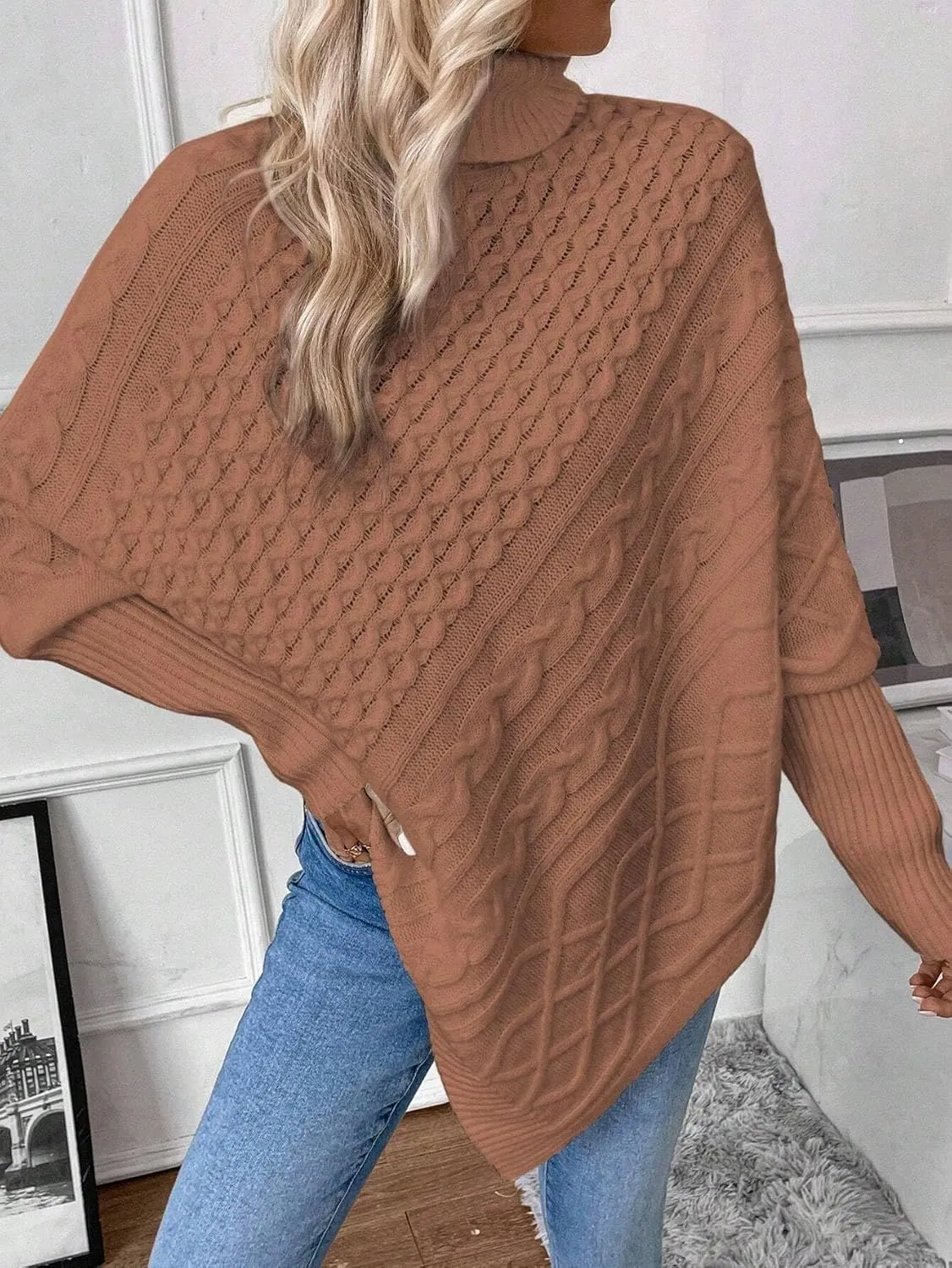 Urchics Casual Sweater Turtleneck Batwing Sleeve Asymmetrical Hem Cable Knit Poncho
