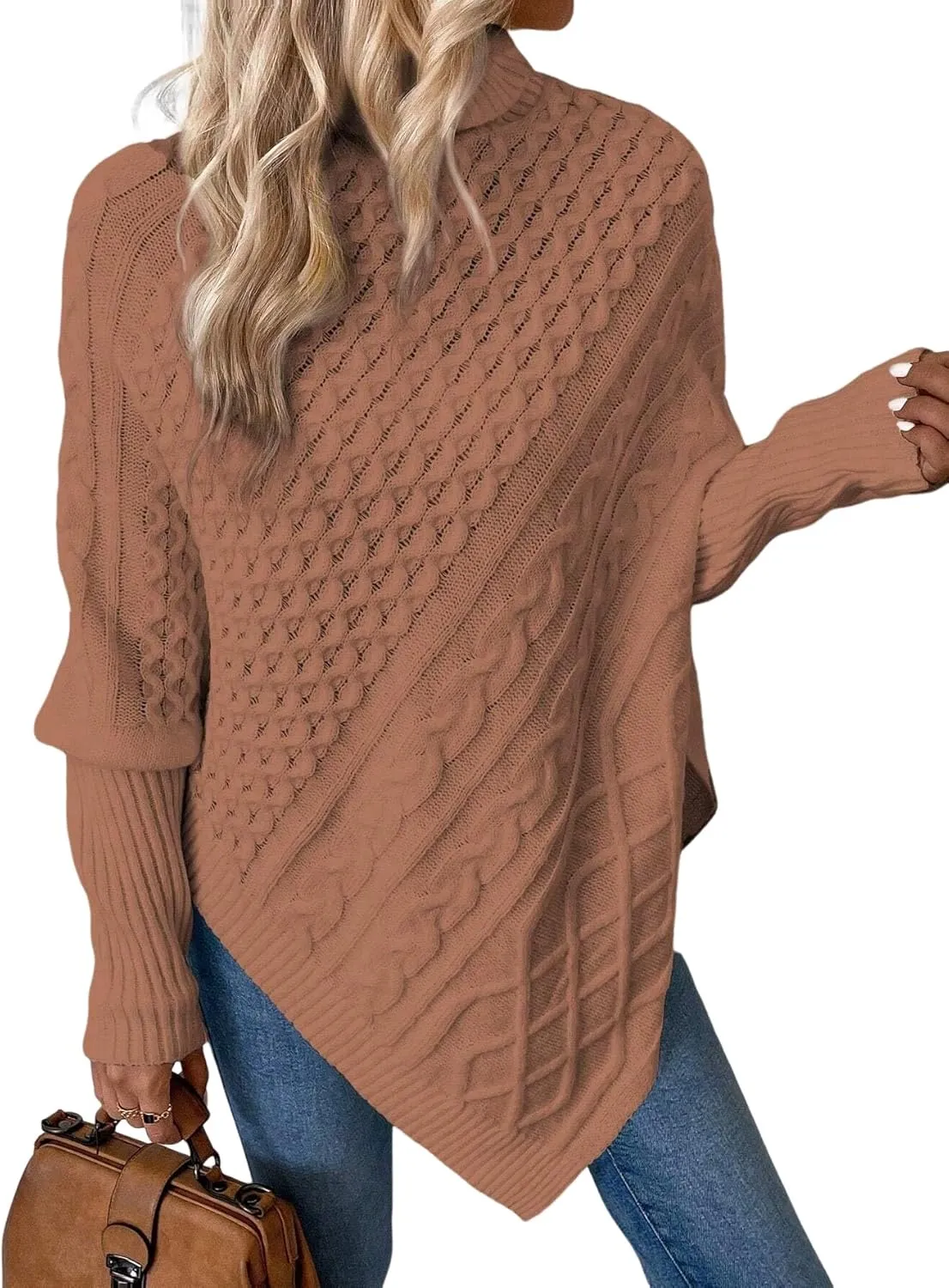 Urchics Casual Sweater Turtleneck Batwing Sleeve Asymmetrical Hem Cable Knit Poncho