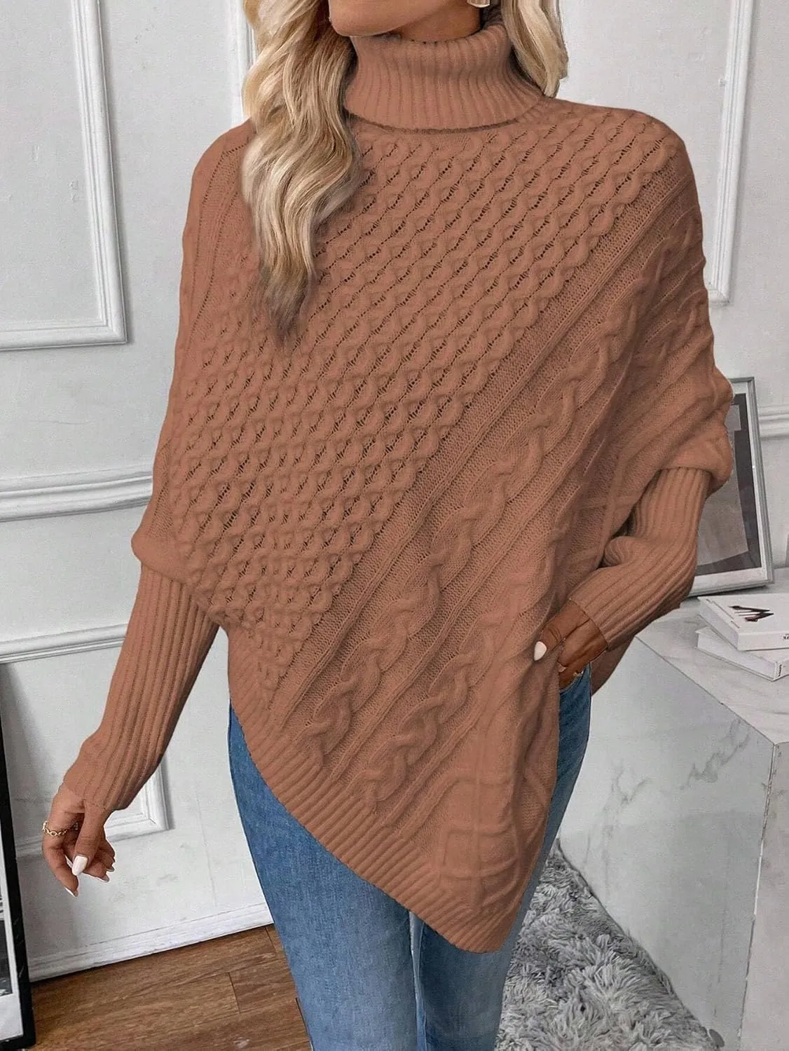 Urchics Casual Sweater Turtleneck Batwing Sleeve Asymmetrical Hem Cable Knit Poncho