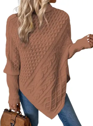 Urchics Casual Sweater Turtleneck Batwing Sleeve Asymmetrical Hem Cable Knit Poncho