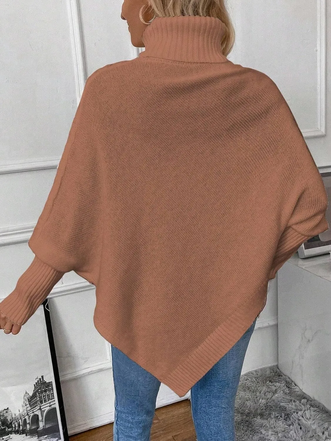 Urchics Casual Sweater Turtleneck Batwing Sleeve Asymmetrical Hem Cable Knit Poncho