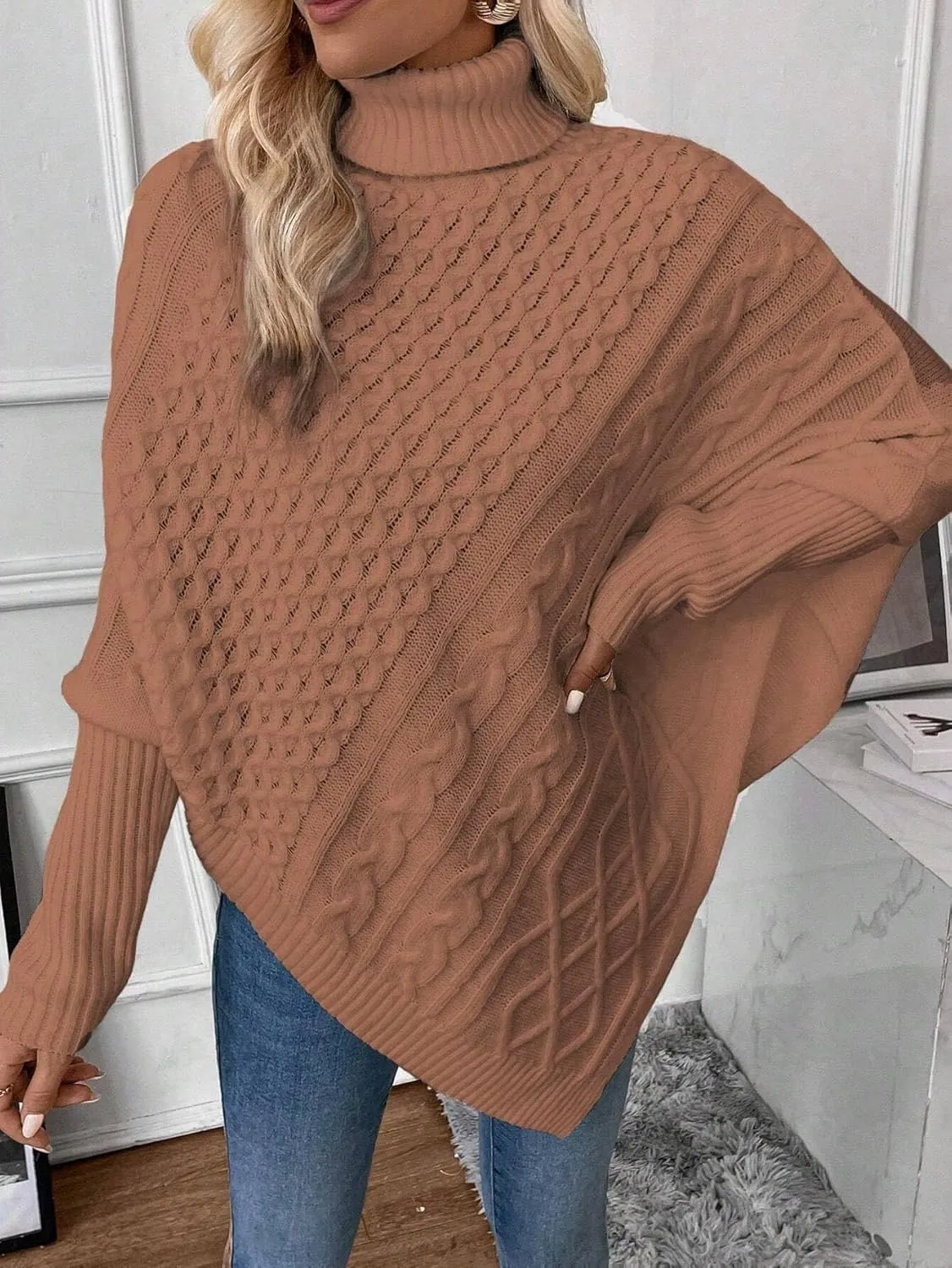Urchics Casual Sweater Turtleneck Batwing Sleeve Asymmetrical Hem Cable Knit Poncho