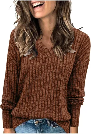 V Neck Long Sleeve Knitted Shirts for Women Casual Spring Fall Tops Lightweight Tunic Sweaters Fashion Clothes 2024