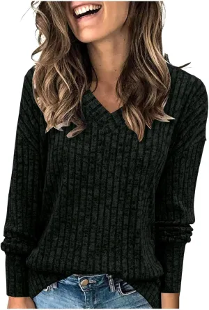 V Neck Long Sleeve Knitted Shirts for Women Casual Spring Fall Tops Lightweight Tunic Sweaters Fashion Clothes 2024