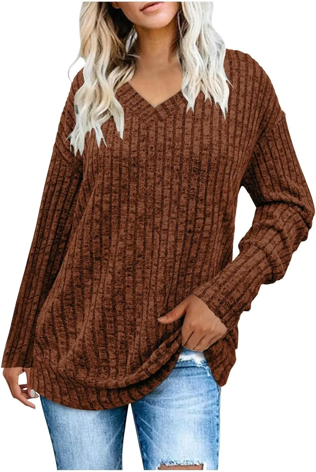 V Neck Long Sleeve Knitted Shirts for Women Casual Spring Fall Tops Lightweight Tunic Sweaters Fashion Clothes 2024