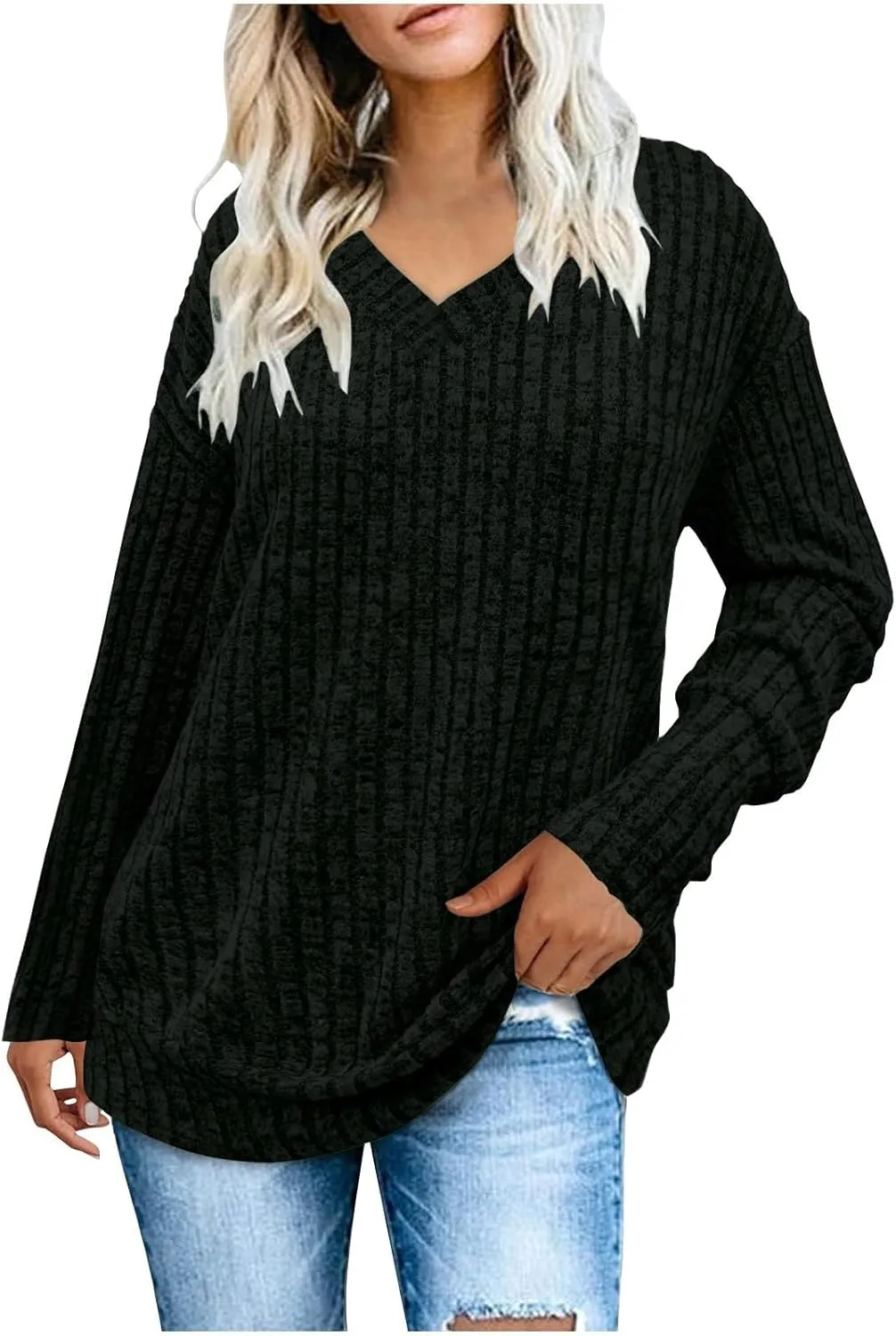 V Neck Long Sleeve Knitted Shirts for Women Casual Spring Fall Tops Lightweight Tunic Sweaters Fashion Clothes 2024