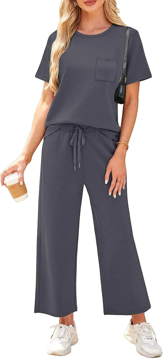 Vacation Clothes for Women Fitness Sport Lounge Clothing Travel Short Sleeve Wide Leg Pants Outfits 2025 Summer Sets