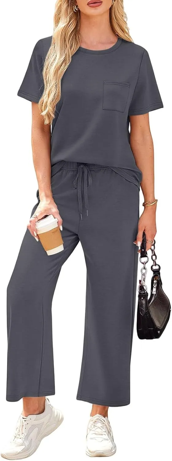 Vacation Clothes for Women Fitness Sport Lounge Clothing Travel Short Sleeve Wide Leg Pants Outfits 2025 Summer Sets