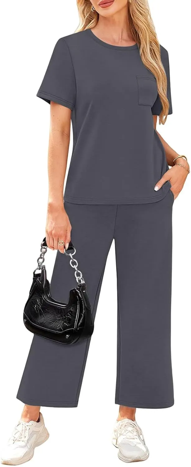 Vacation Clothes for Women Fitness Sport Lounge Clothing Travel Short Sleeve Wide Leg Pants Outfits 2025 Summer Sets