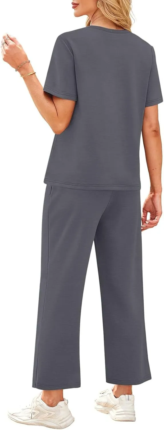 Vacation Clothes for Women Fitness Sport Lounge Clothing Travel Short Sleeve Wide Leg Pants Outfits 2025 Summer Sets