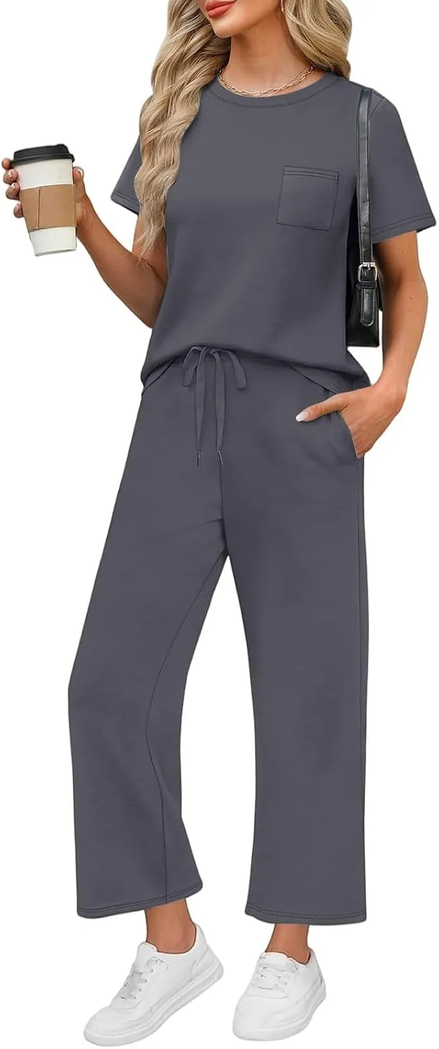 Vacation Clothes for Women Fitness Sport Lounge Clothing Travel Short Sleeve Wide Leg Pants Outfits 2025 Summer Sets