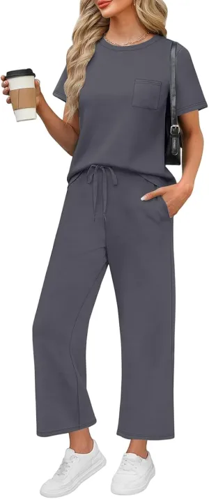 Vacation Clothes for Women Fitness Sport Lounge Clothing Travel Short Sleeve Wide Leg Pants Outfits 2025 Summer Sets